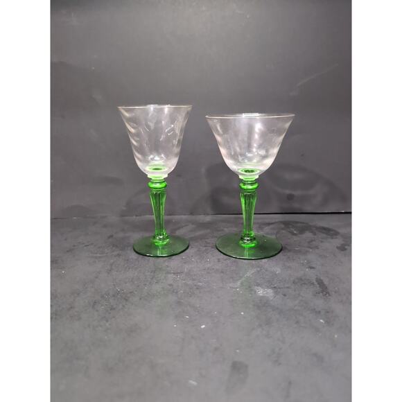 Tiffin Green Stem Cordials Festoon Optic Wine Uranium Vintage Stemware, Set of 2 - Picture 2 of 13